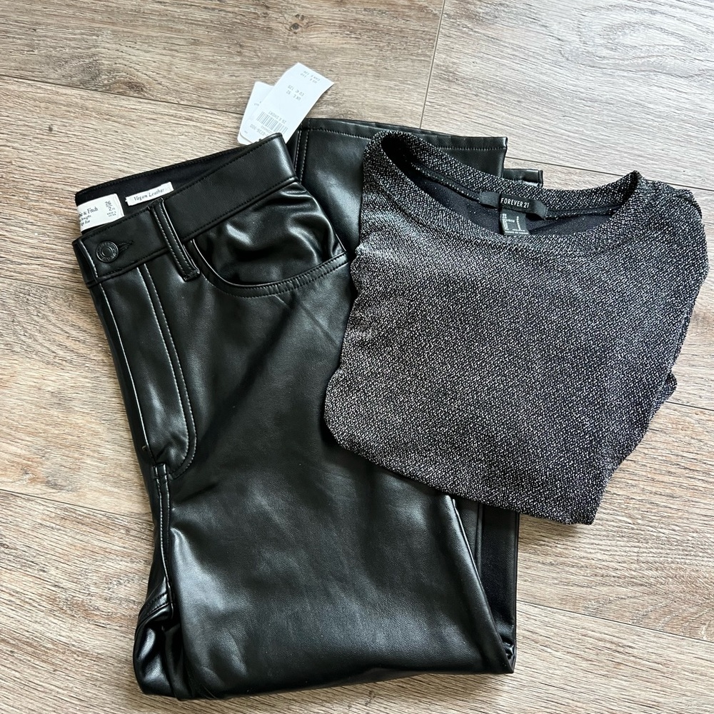 Abercrombie Faux Leather Ankle Pant + Gunmetal Glitter Top